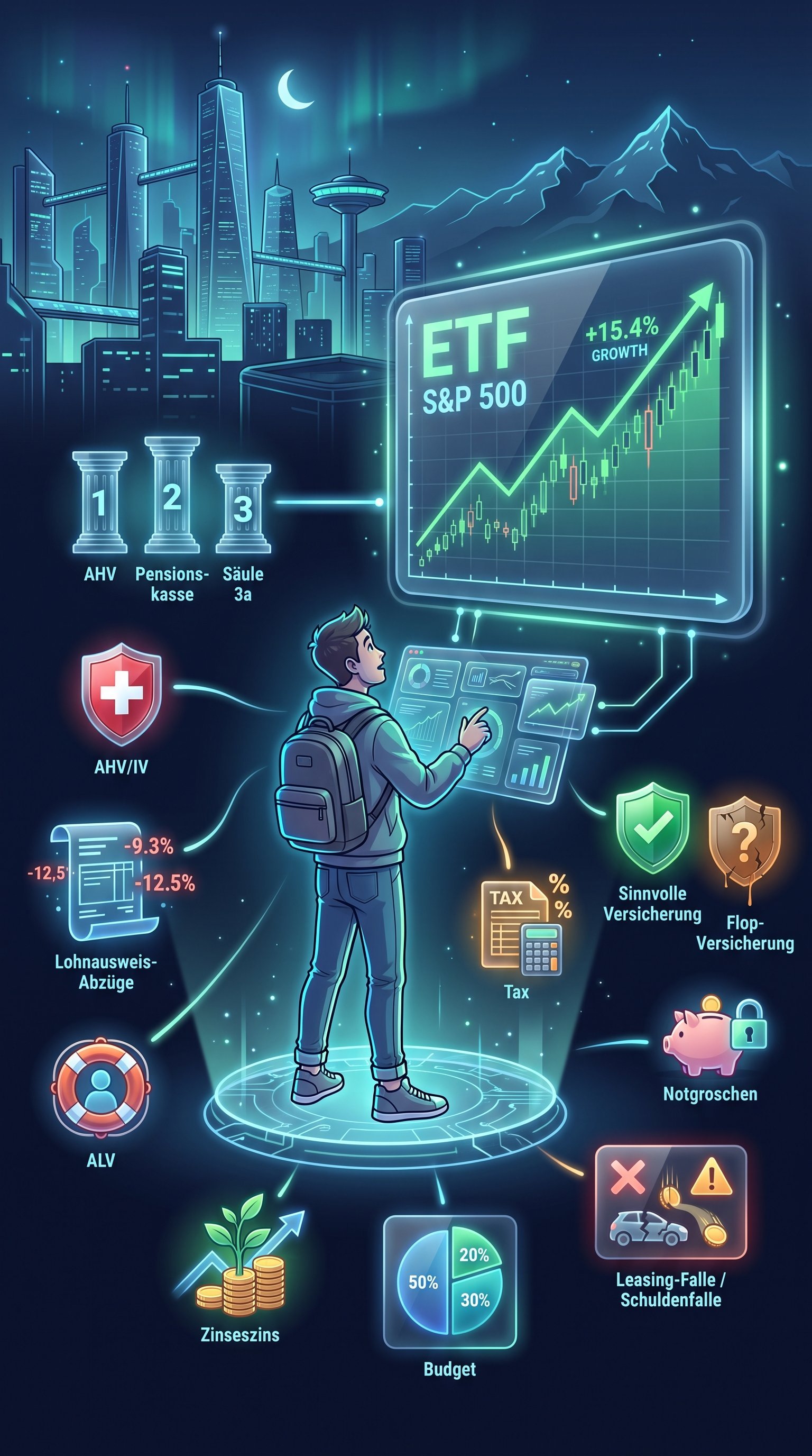 Illustration: Junge Person steht vor einem futuristischen Finanz-Dashboard mit Symbolen für AHV, Pensionskasse, Säule 3a, ETF, S&P 500, Steuern, Budget und Versicherungen